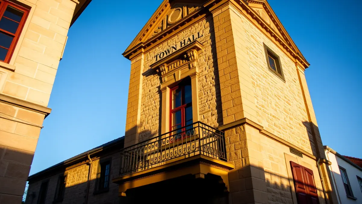Fachada del ayuntamiento de Valdemorillo con balcón y barandillas de hierro, bajo la luz del sol de la tarde.