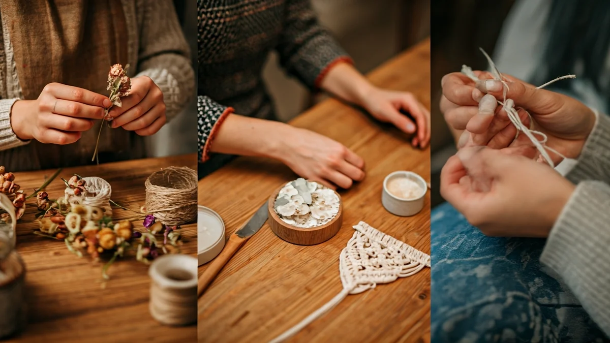 Imagen genérica de manos realizando diferentes trabajos artesanales, como arreglos florales, elaboración de jabón, macramé y fieltro.