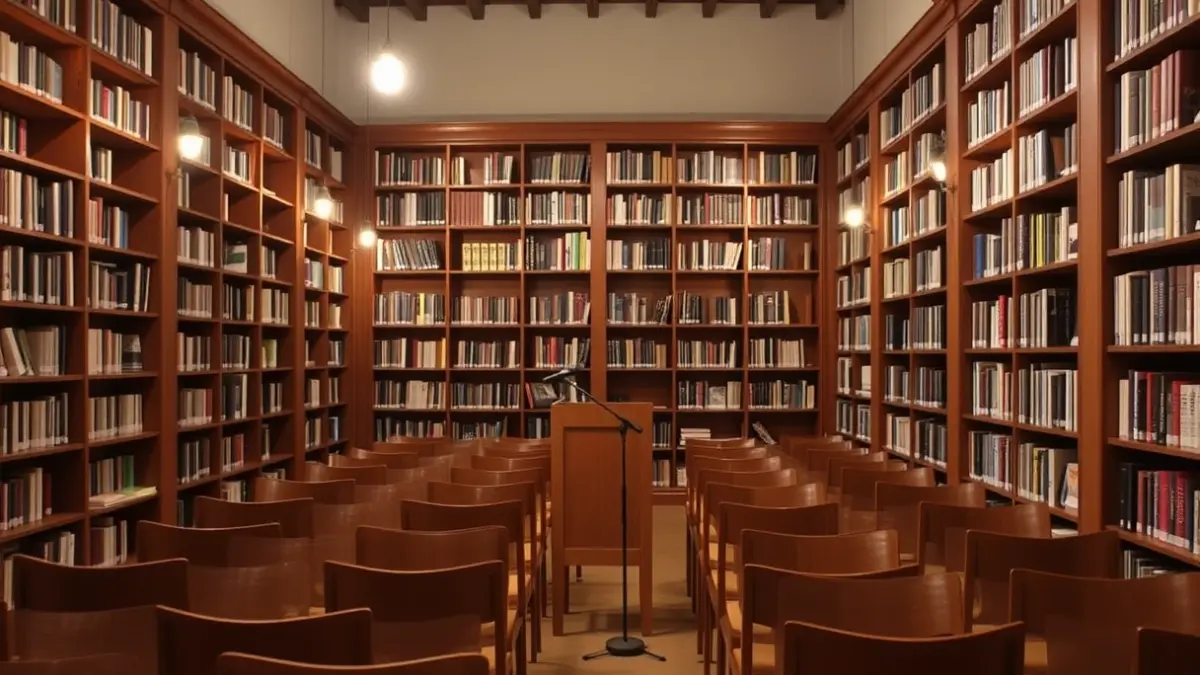 Generic image of a library with wooden bookshelves and a podium with a microphone.