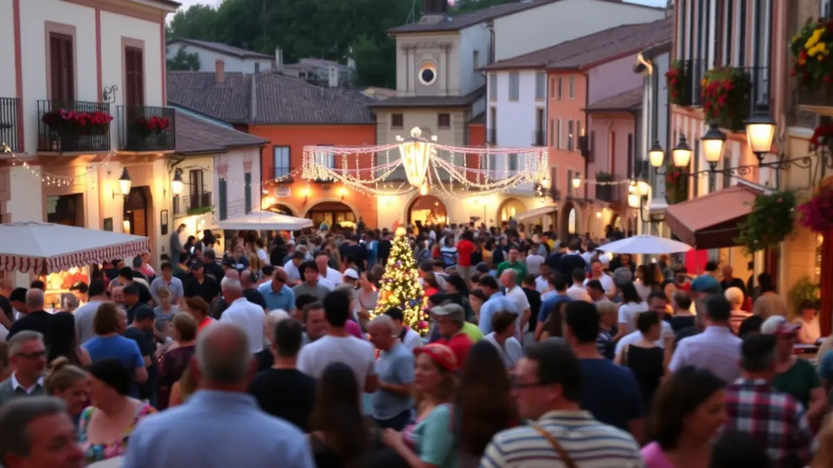 Imagen genérica de una festividad local en un pueblo español, con gente y luces.