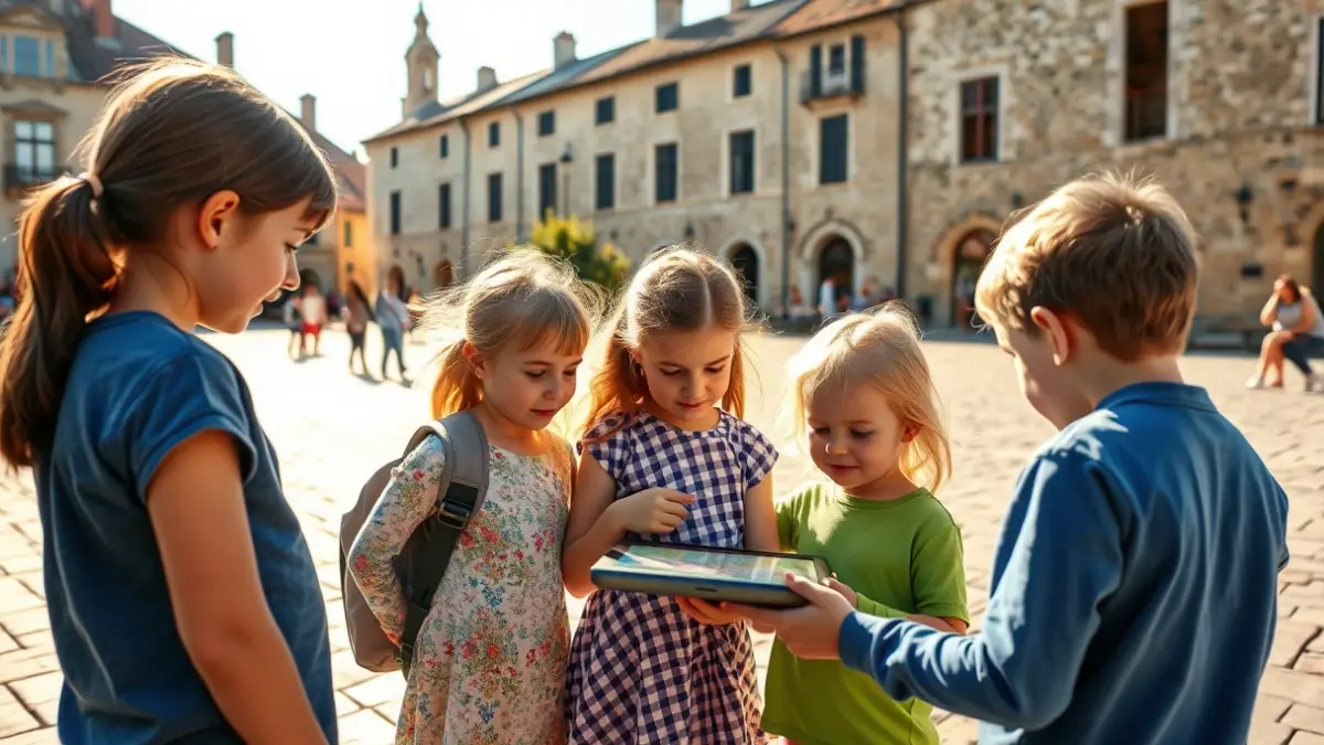 Niños explorando el centro histórico de Valdemoro con un juego interactivo.