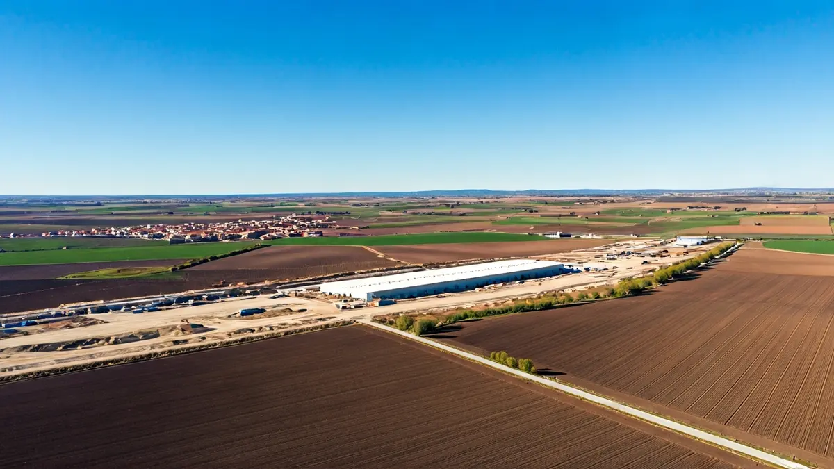 Aerial image of an industrial plant under construction in a rural setting.