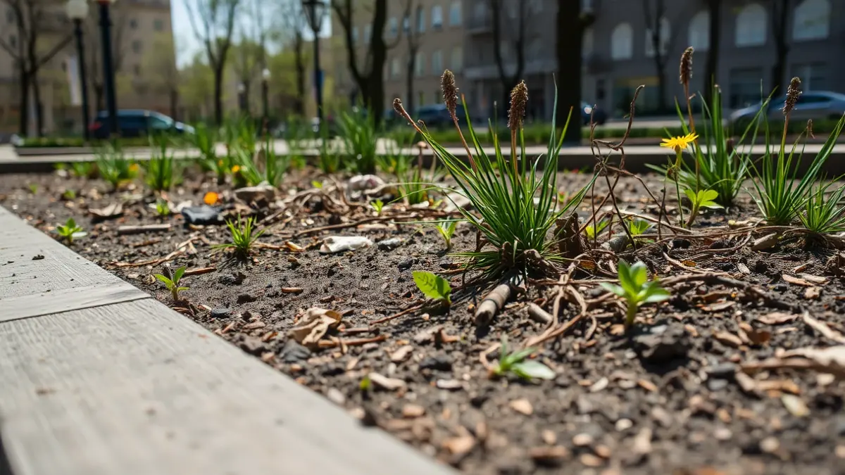 Imagen de un parterre descuidado en un parque urbano.