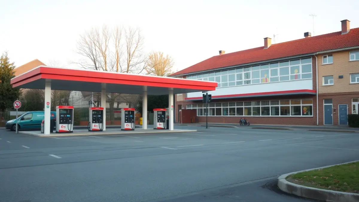Gasolinera moderna junto a un colegio en un entorno urbano.