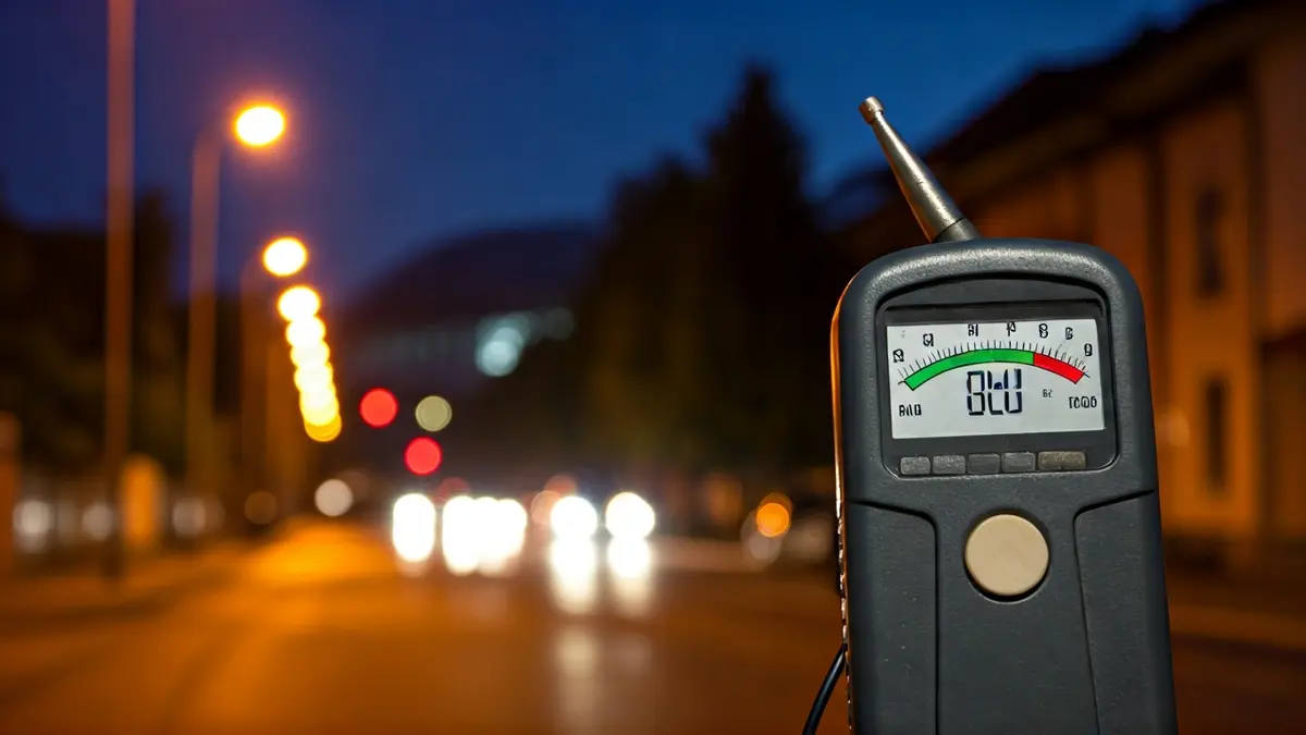 Generic image of a sound level meter showing high readings, with a blurred background of a residential street and a distant stadium.