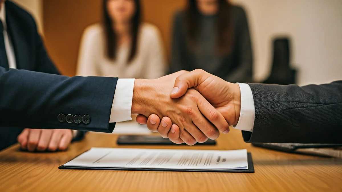 Generic image of two hands shaking over a desk, symbolizing an agreement or negotiation.