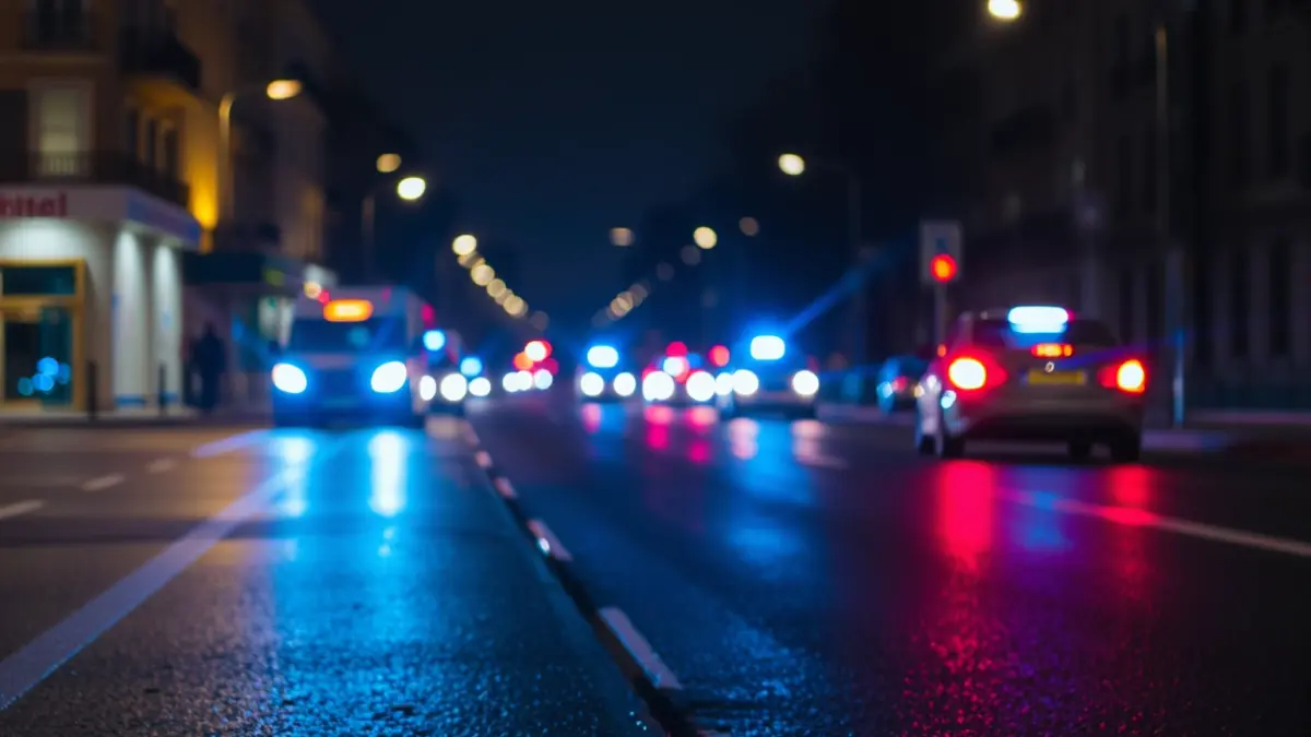 Generic image of emergency lights reflected on wet asphalt.