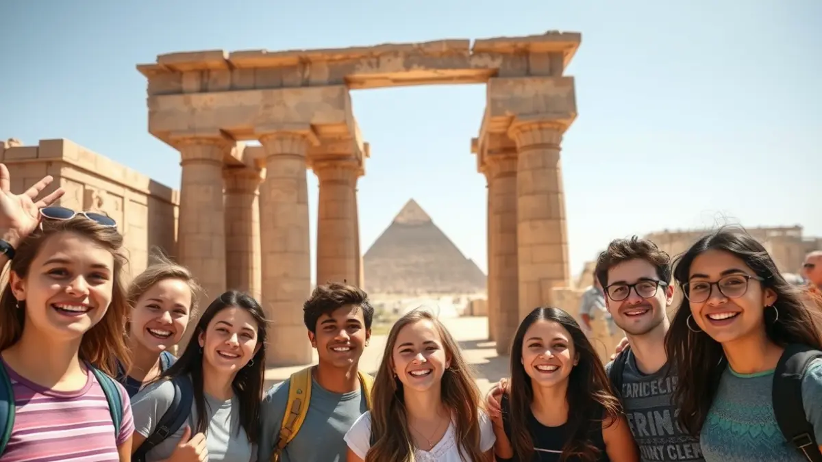 Young people from Madrid in front of an Egyptian temple, symbolizing the Madrid Xplora program.