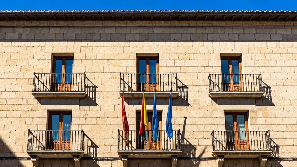 Facade of a town hall in the Community of Madrid, with a balcony and sunlight.