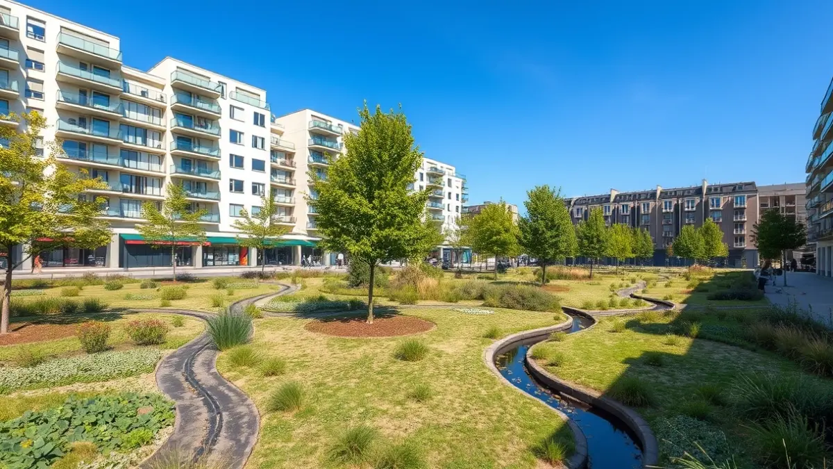 Imagen de un parque urbano ajardinado con edificios residenciales y locales comerciales.