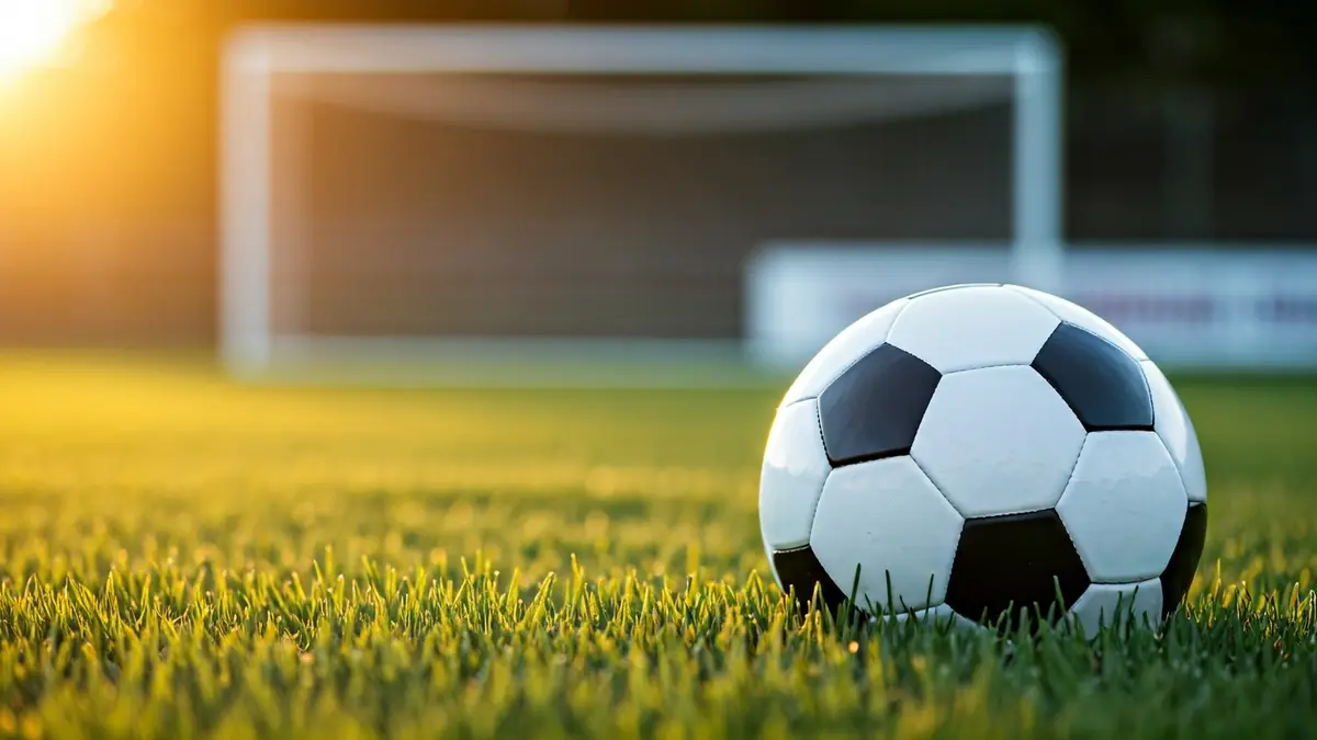 Imagen genérica de un balón de fútbol en el césped, con la portería desenfocada al fondo.