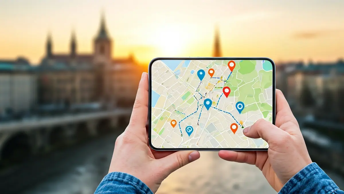 Imagen genérica de un teléfono móvil mostrando una aplicación de turismo con un mapa y puntos de interés.