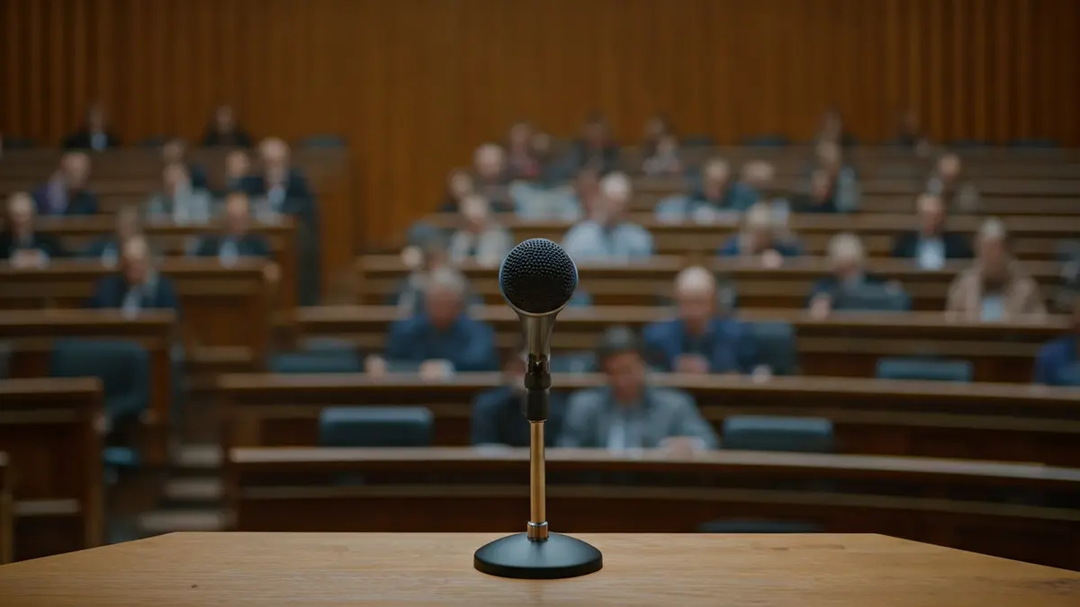 Imagen genérica de un micrófono en un podio en una sala de reuniones, simbolizando un debate político.