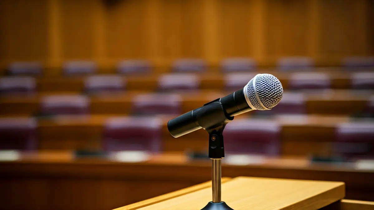 Generic image of a microphone on a podium in an assembly hall.
