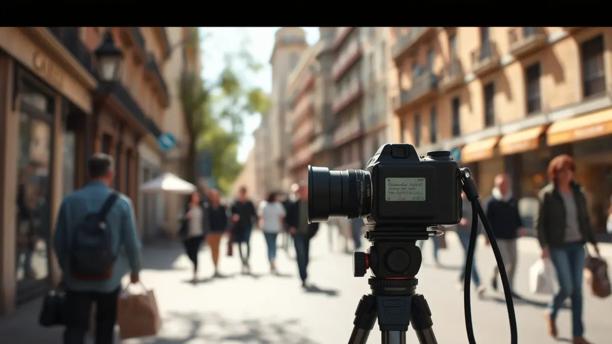 Cámara de cine en una calle de Madrid, con arquitectura española de fondo.