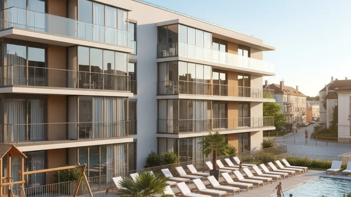 Imagen de un complejo residencial moderno con piscina y zonas comunes.