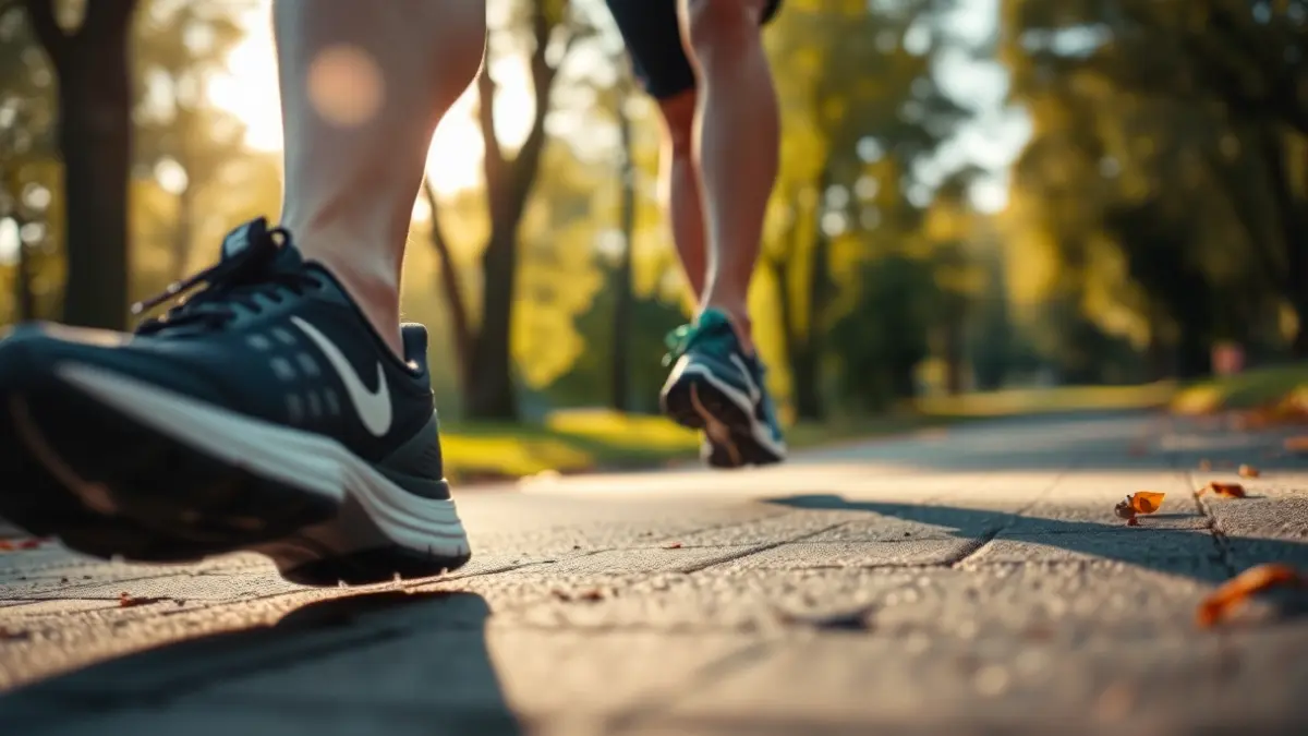 Imagen genérica de unas zapatillas de correr en una carretera, con un parque de fondo.