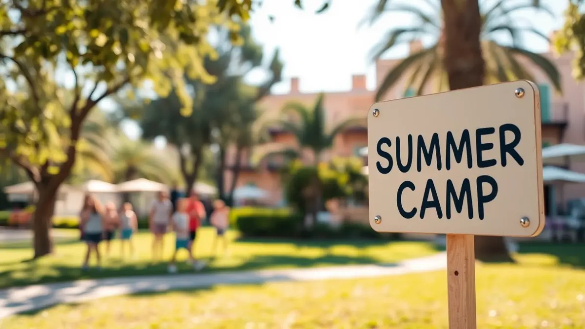 Imagen genérica de un parque soleado con niños jugando, representando un campamento de verano.