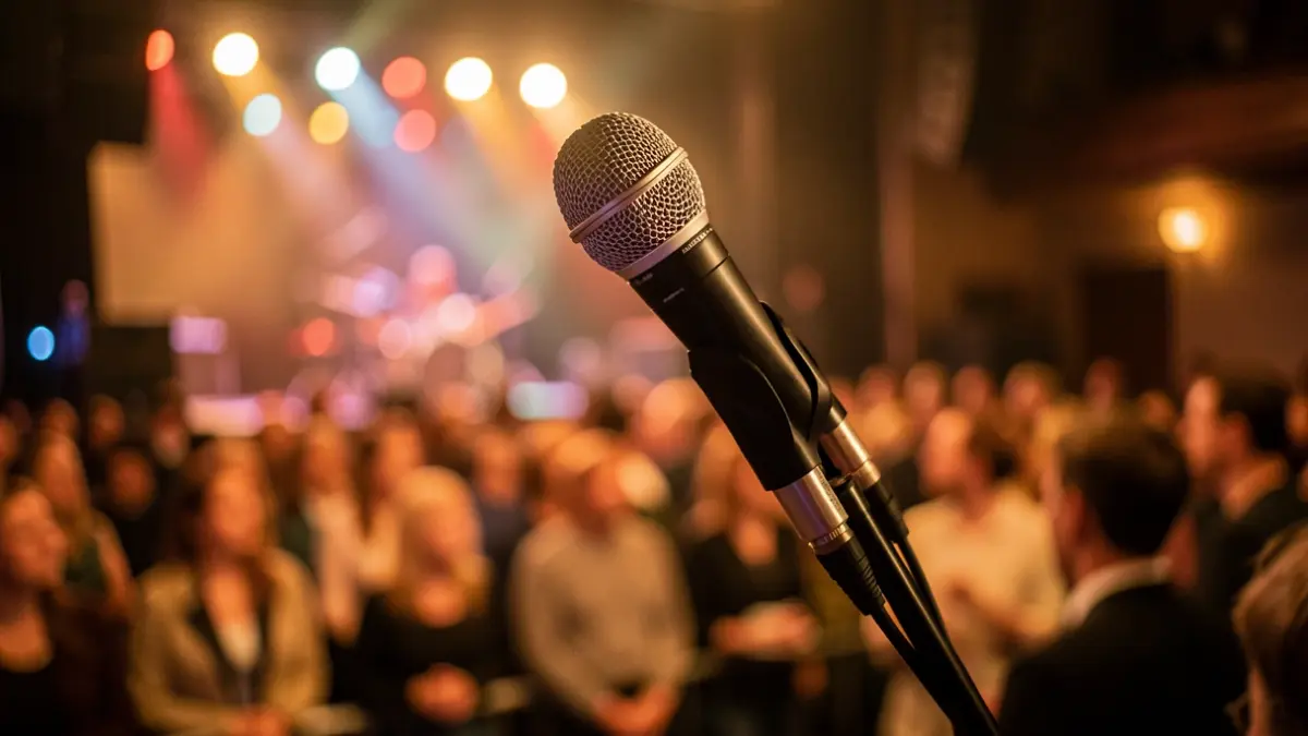 Imagen genérica de un micrófono en un escenario de conciertos.