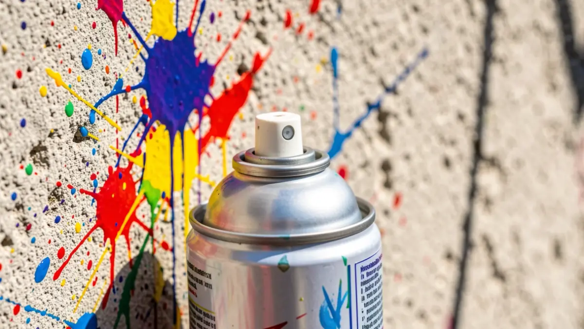 Primer plano de una lata de spray con salpicaduras de pintura vibrante sobre una pared de hormigón texturizado.