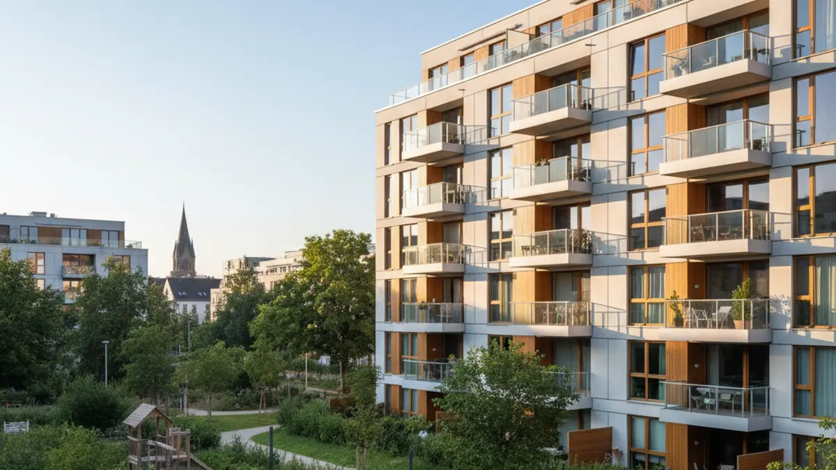 Generic image of a modern residential building with balconies and green areas.