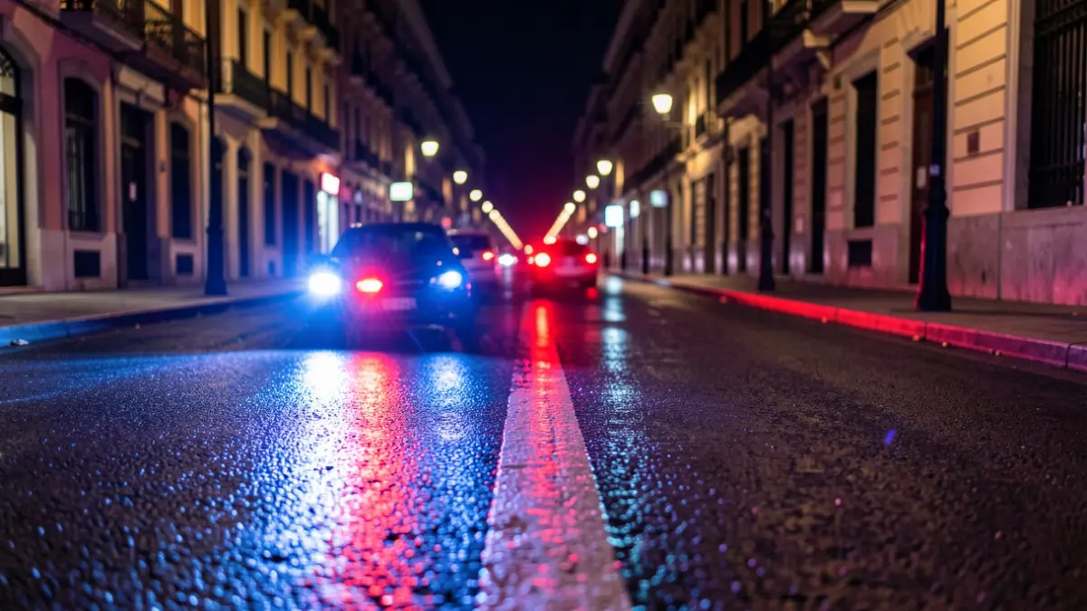 Generic image of police emergency lights reflecting on wet asphalt at night.