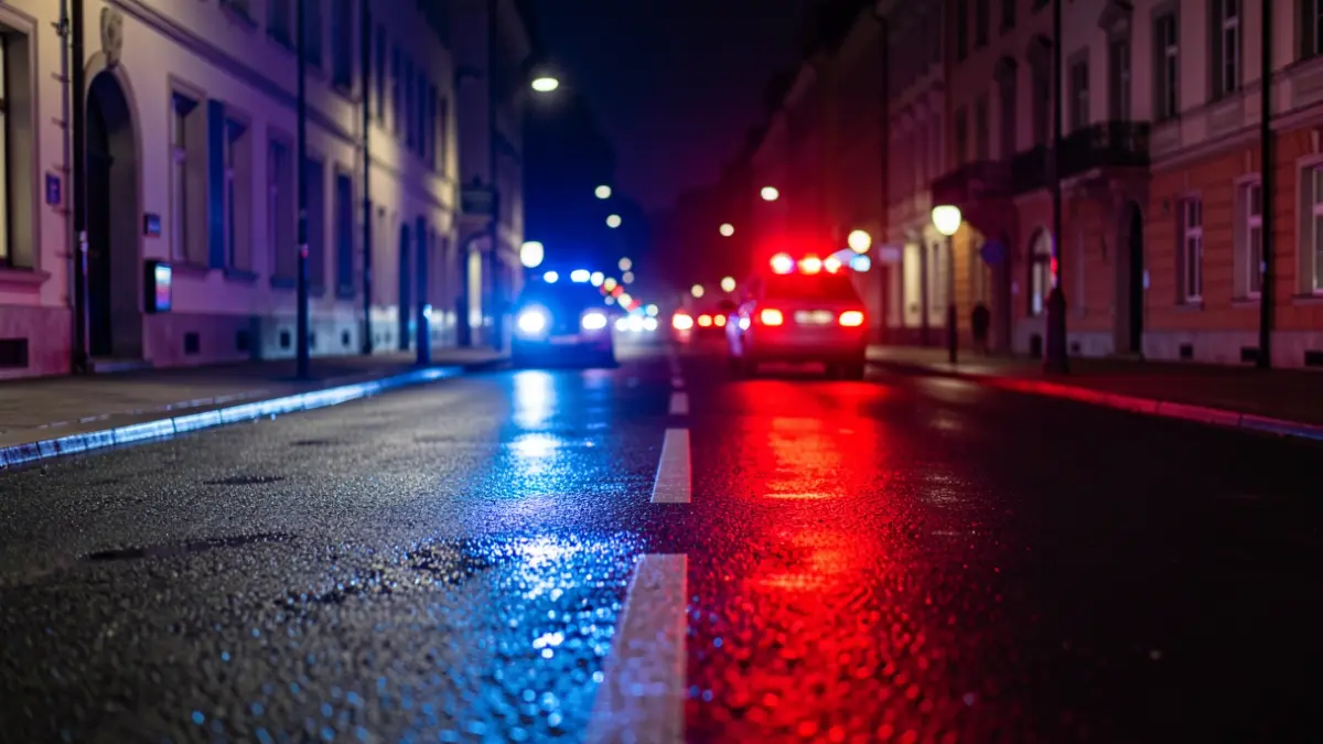 Generic image of emergency lights reflecting on asphalt during a night intervention.
