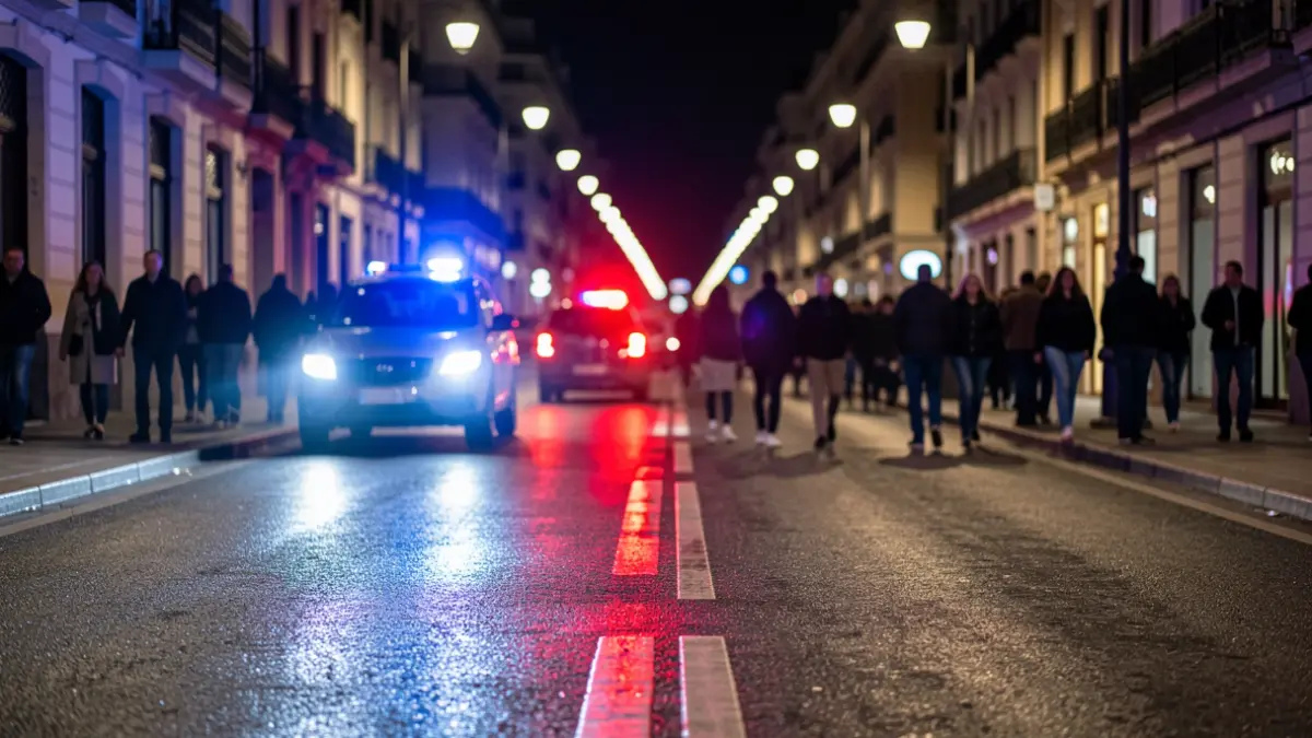 Imagen genérica de luces de emergencia policiales reflejándose en el asfalto mojado por la noche.