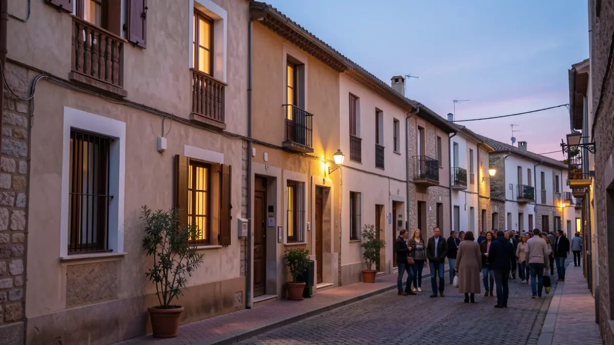 Imagen genérica de un edificio residencial en un pueblo español al atardecer.