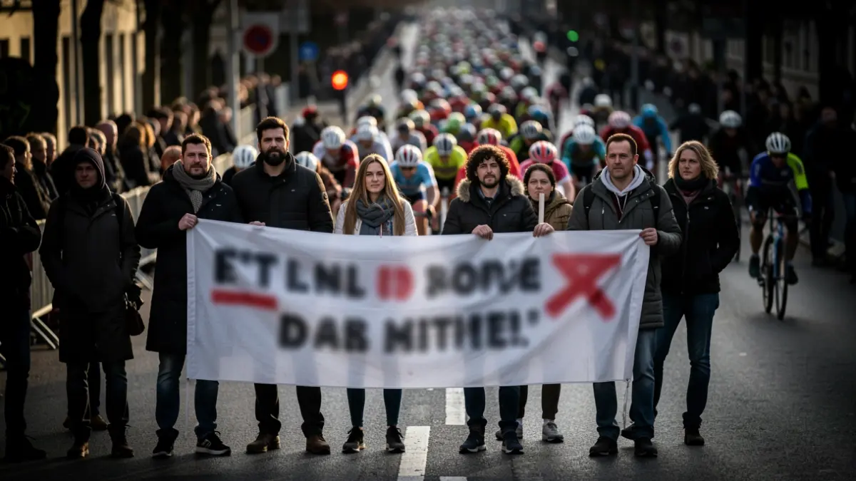 Imagen de activistas protestando durante una carrera ciclista.