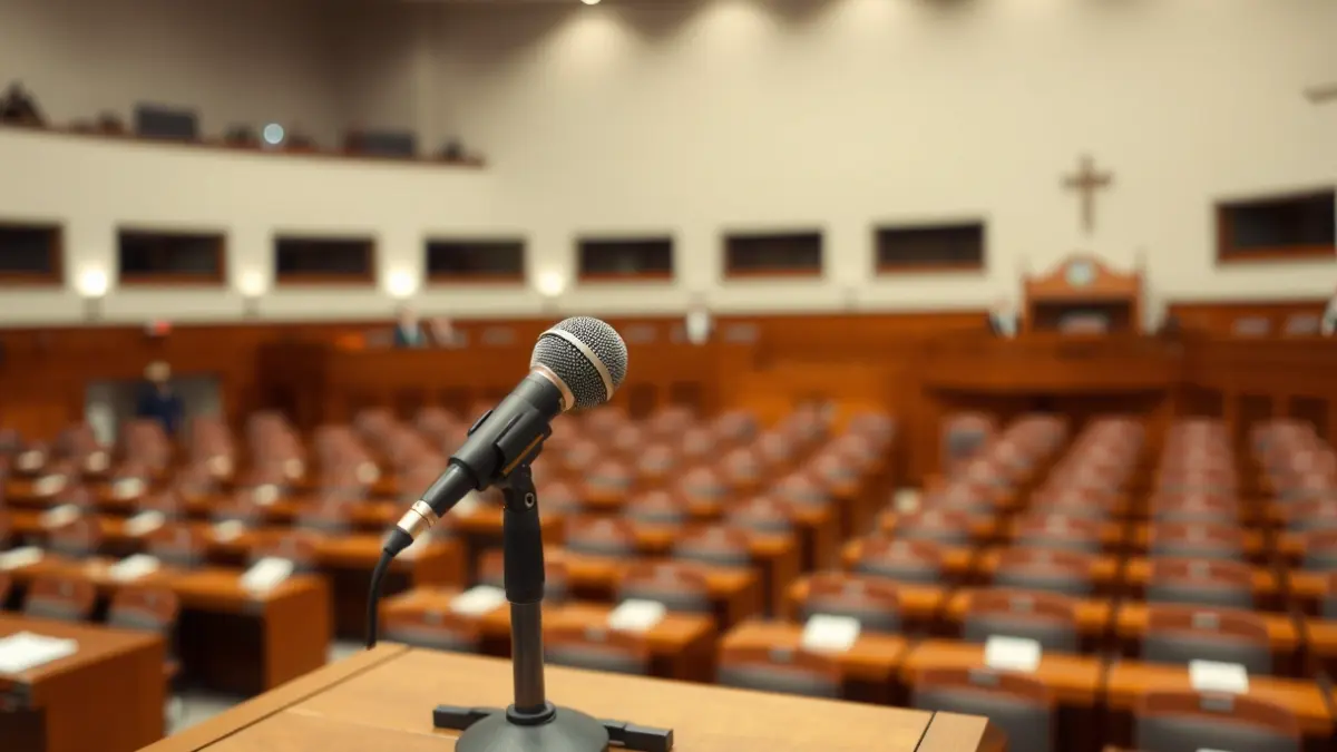 Generic image of a microphone on a podium in a regional parliament.