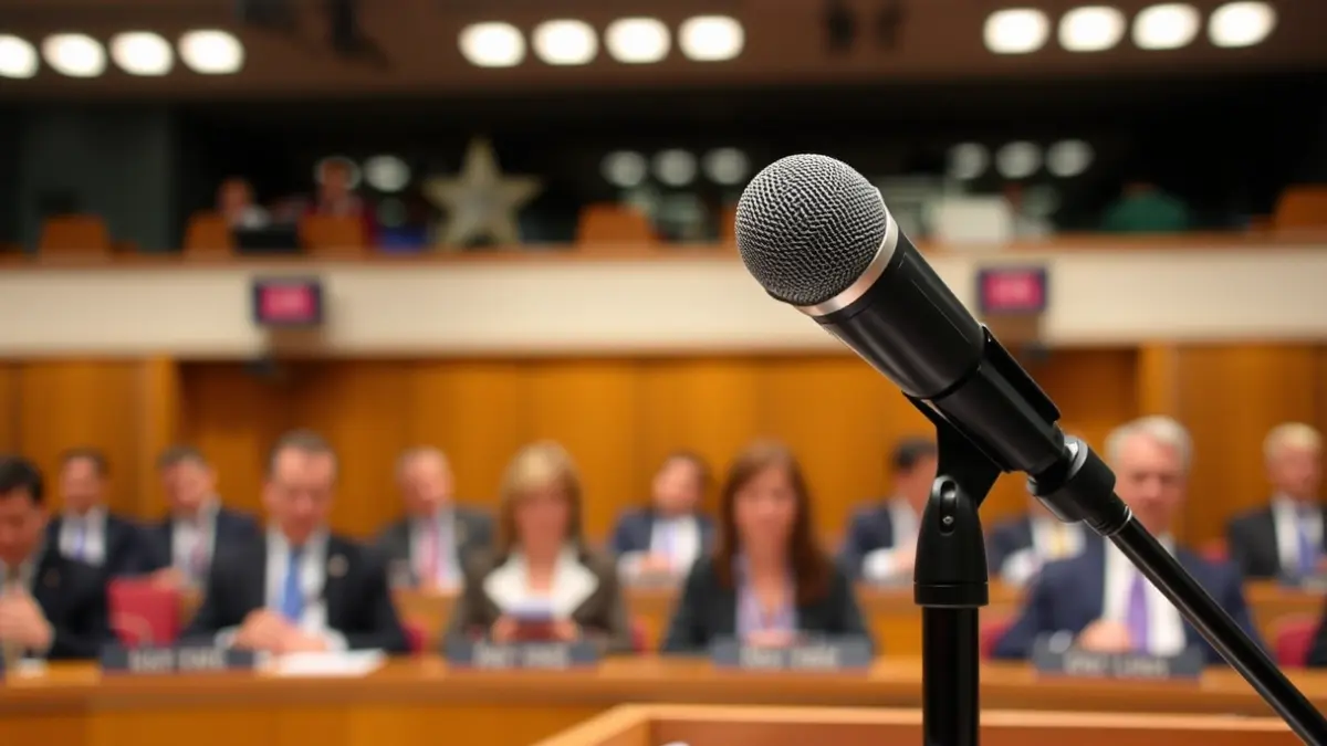 Generic image of a microphone on a podium during a political meeting.