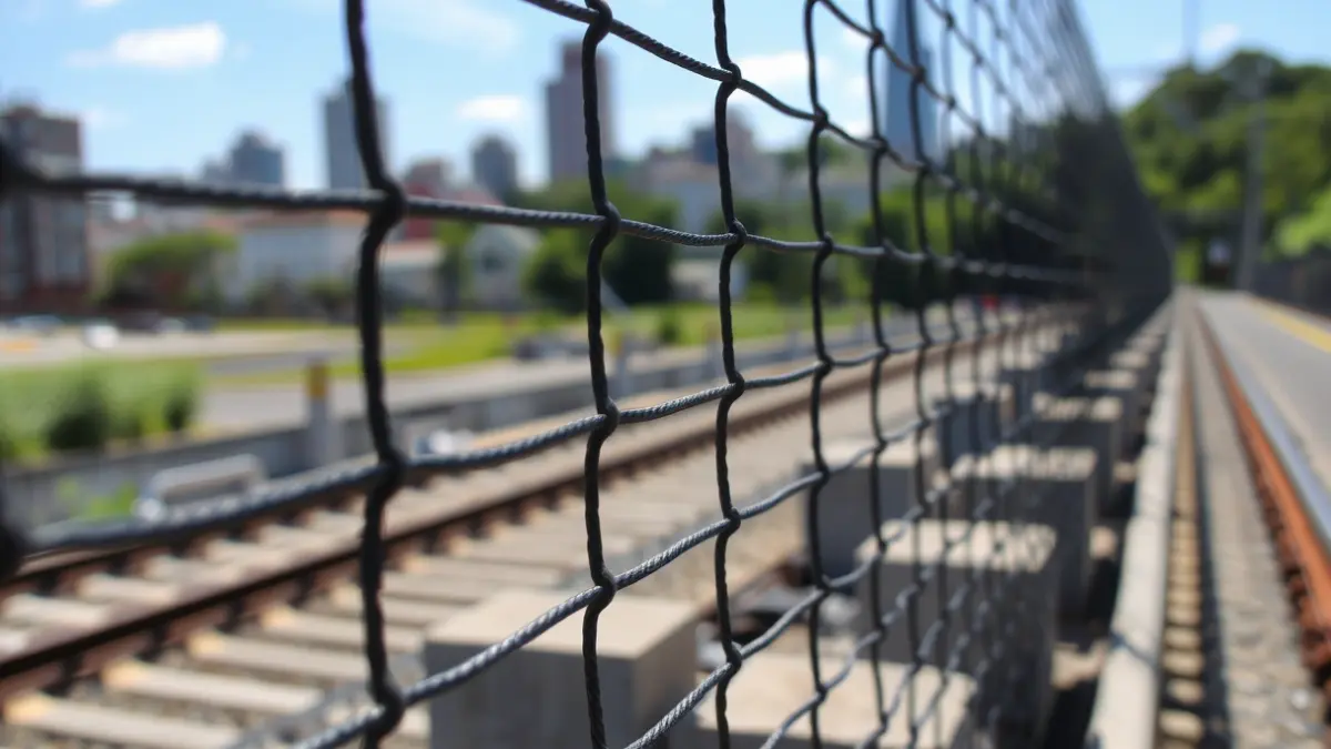 Generic image of a metal fence next to train tracks in an urban environment.