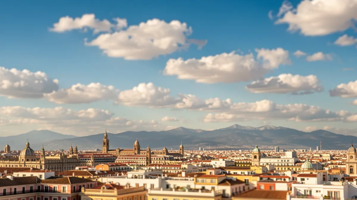 Cielo azul con nubes dispersas sobre un paisaje urbano genérico de Madrid.