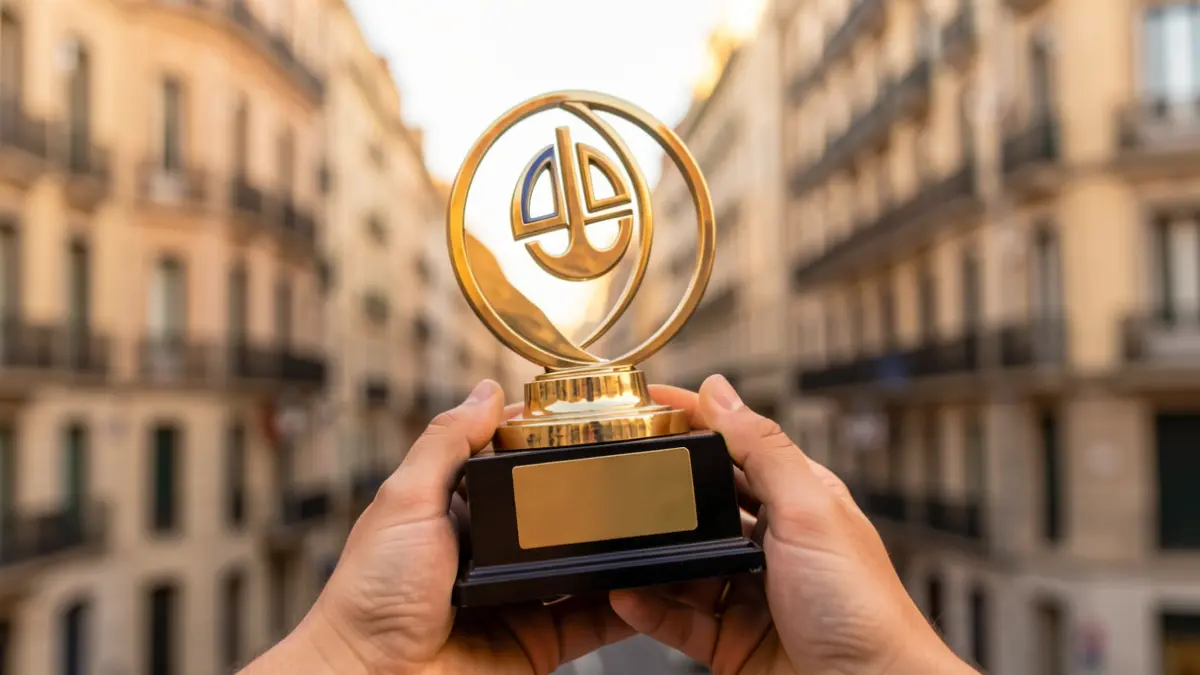 Generic image of an award trophy held by a hand with a blurred background of office buildings in Madrid.