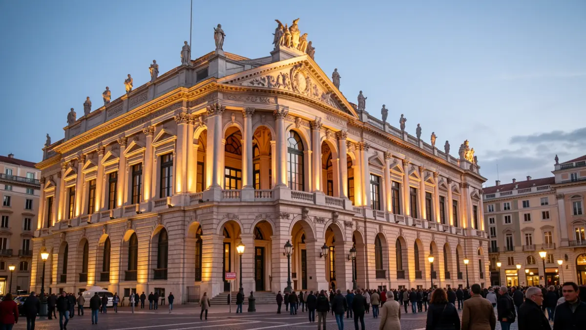 Facade of the Teatro Real in Madrid illuminated at dusk.