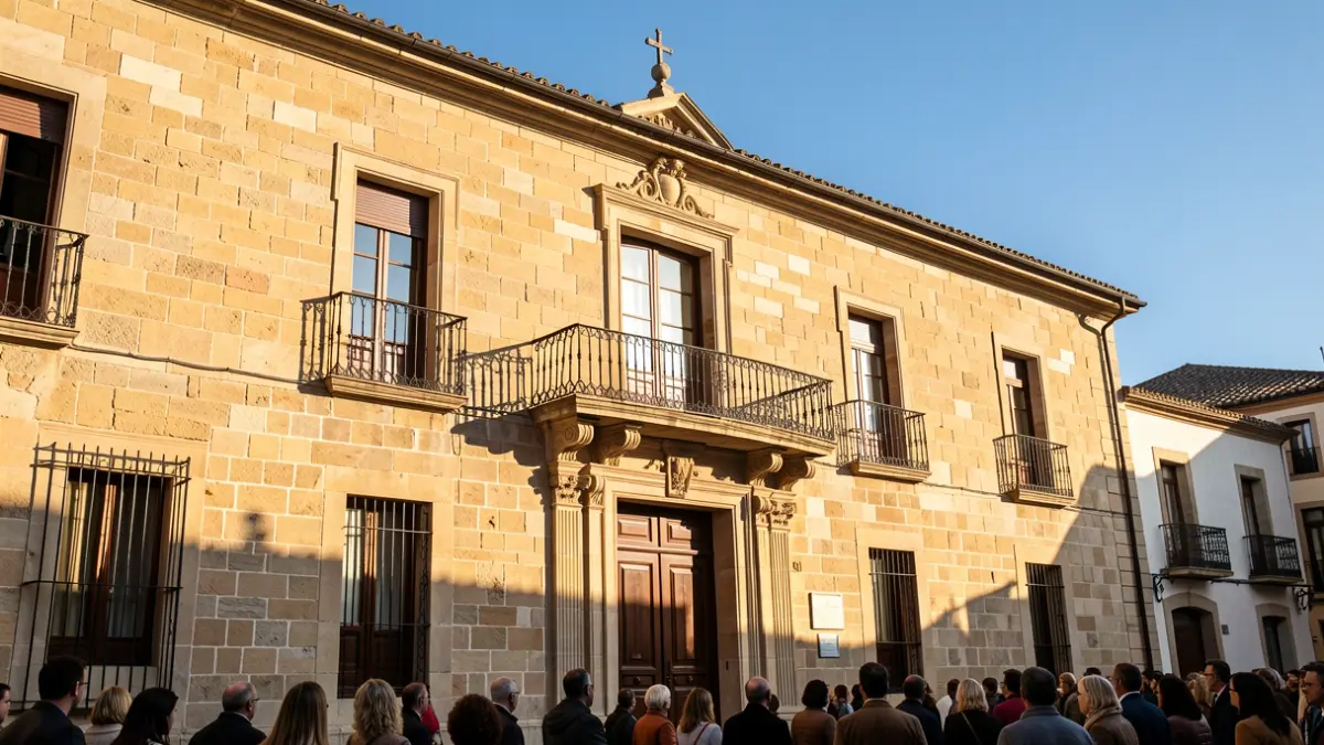 Facade of a traditional town hall with a balcony and iron railings, under the afternoon sunlight.
