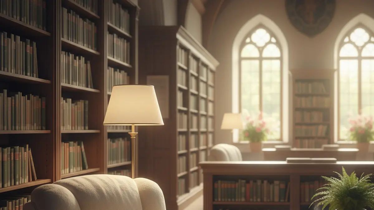 Generic image of a library with bookshelves full of books and a cozy atmosphere.