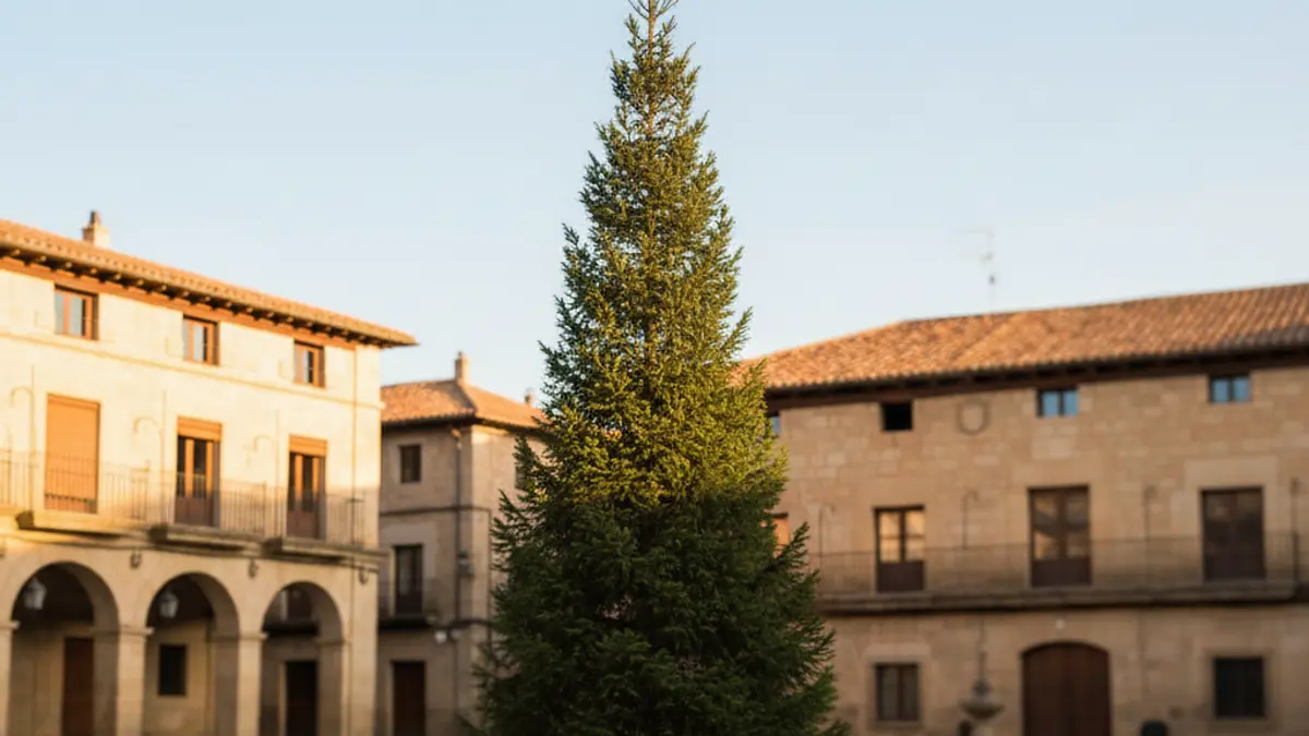 Image of a freshly placed pine tree in a village square, with a flag at its top.