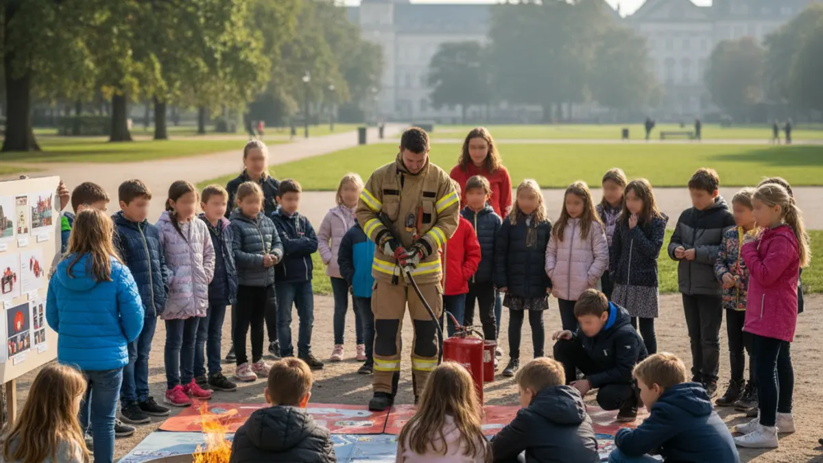 Image of children participating in a fire prevention workshop in a park.