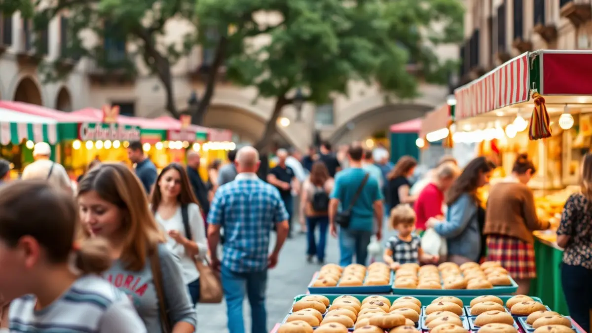 Imagen de una feria de productos sin gluten en una plaza histórica, con actividades familiares y degustaciones.