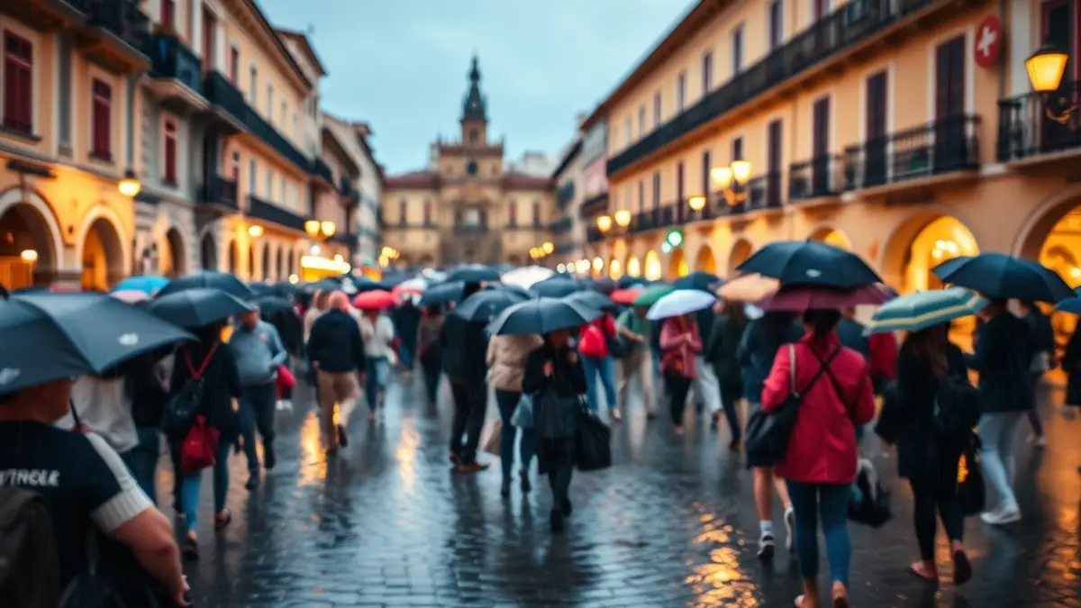 Imagen de una multitud de personas con paraguas en una plaza histórica bajo la lluvia.