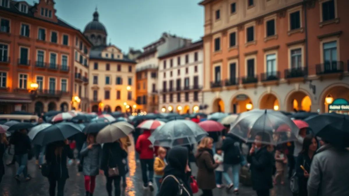 Image of people with umbrellas in a historic square in Alcalá de Henares.