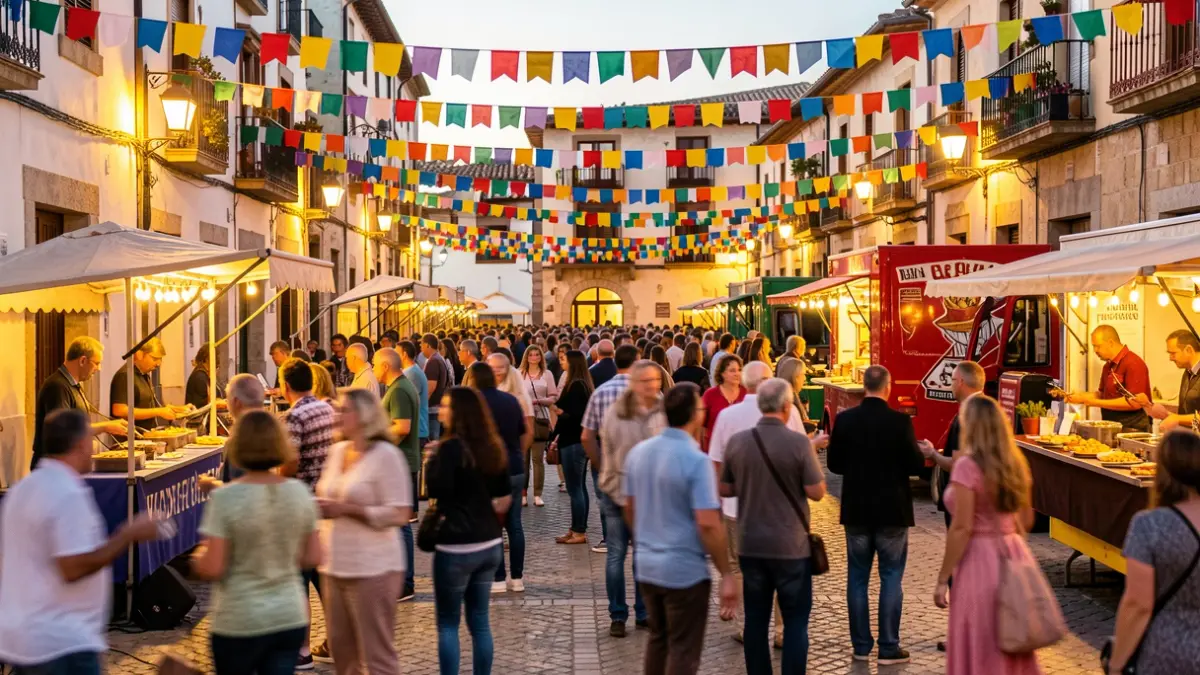 Imagen genérica de una plaza de pueblo español con ambiente festivo.