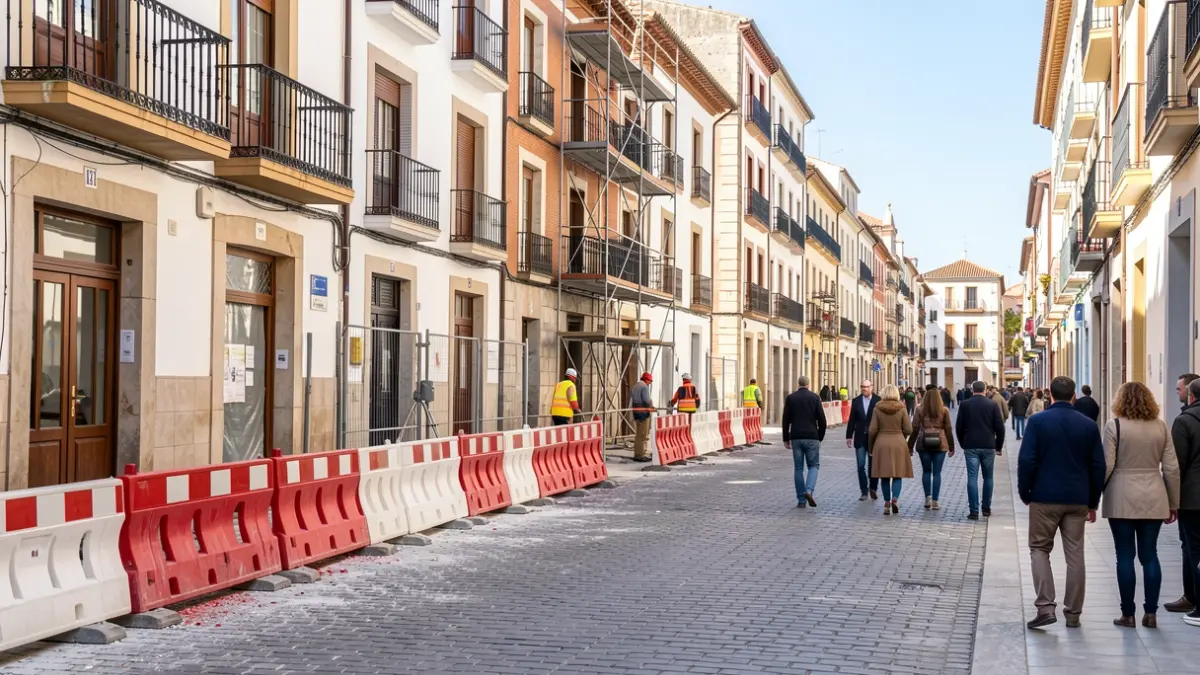 Imagen de la calle Eras de San Isidro en Alcalá de Henares en obras de remodelación.