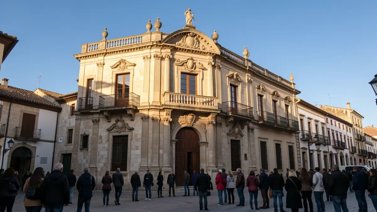 Facade of a historic Spanish town hall with ornate details and a balcony, under the warm afternoon sunlight.