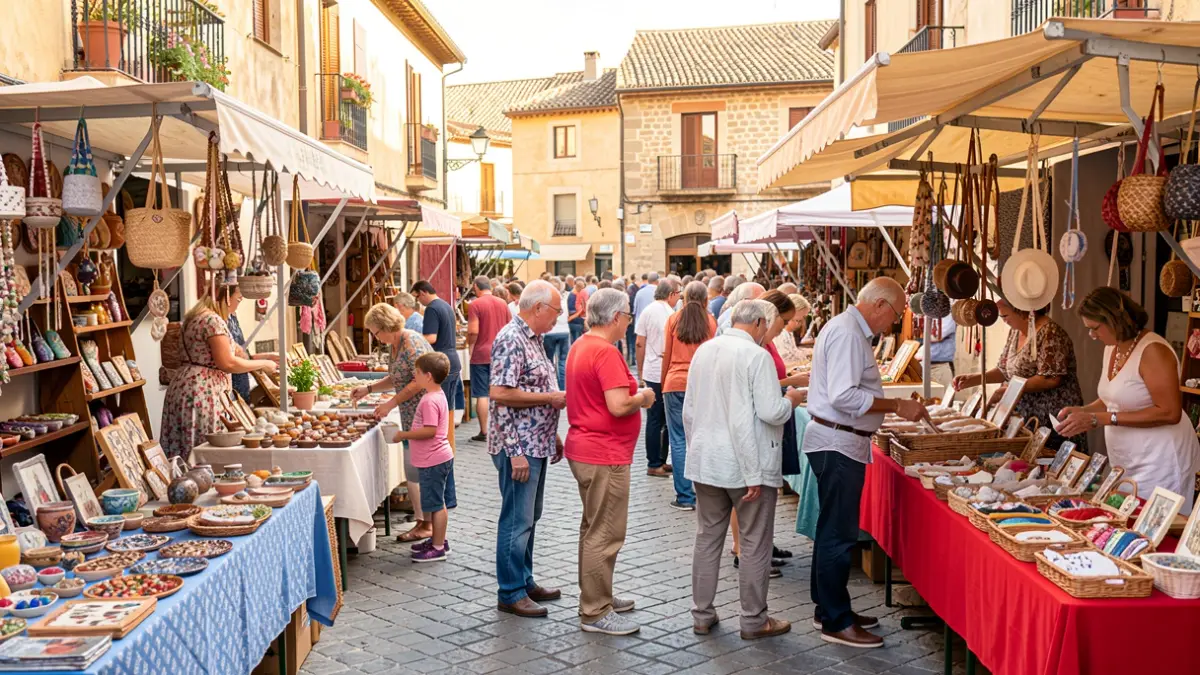Imagen genérica de un mercadillo solidario en una plaza española con familias y puestos de venta.