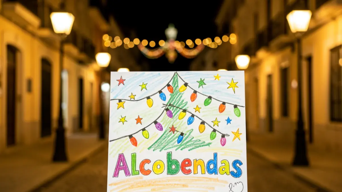 Dibujo infantil de luces navideñas para decorar las farolas de Alcobendas.