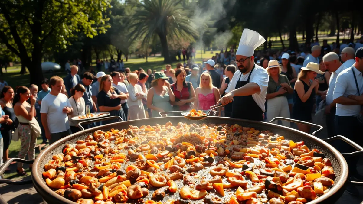 Image of a popular paella at a festive event.