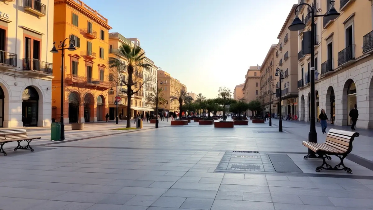 Image of a newly paved square in a Mediterranean city, with afternoon light.